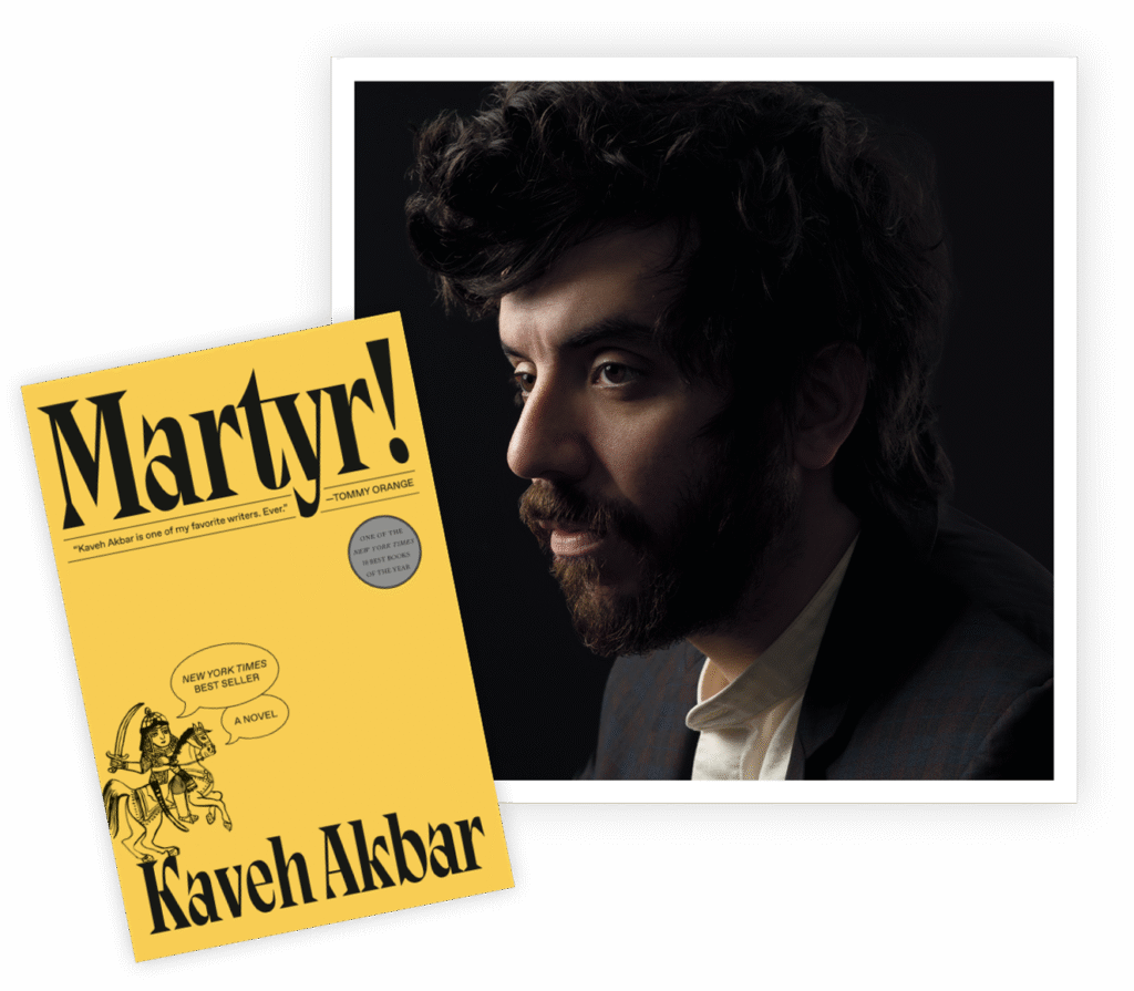 Headshot of Kaveh Akbar and bookjacket