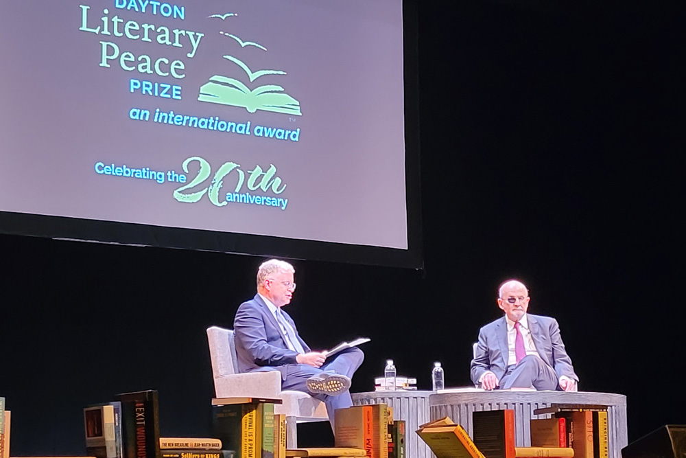 Salman Rushdie speaking at the 2025 Conversation with the Authors